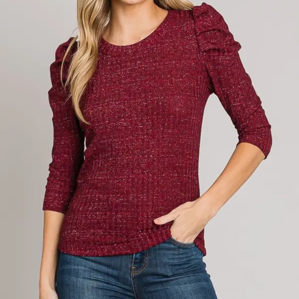 ShopEvelynne Burgundy Ribbed Puff Lurex Sleeve Top